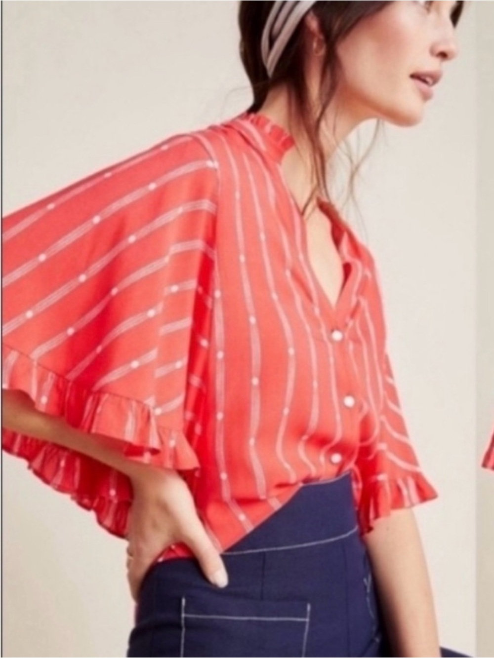 Mauve Anthropologie Red Polka-Dot Flutter-Sleeved Top✨